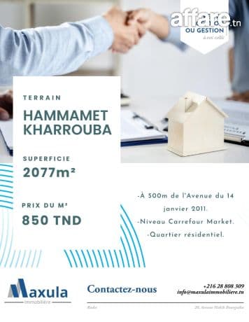 À VENDRE TERRAIN DE 2077M² À HAMMAMET KHARROUBA
