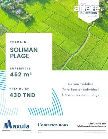À VENDRE TERRAIN DE 452M² À 3 MINUTES DE LA PLAGE À SOLIMAN