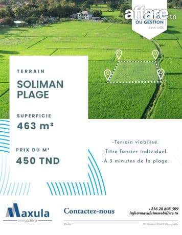 À VENDRE TERRAIN DE 463M² À 3 MINUTES DE LA PLAGE À SOLIMAN