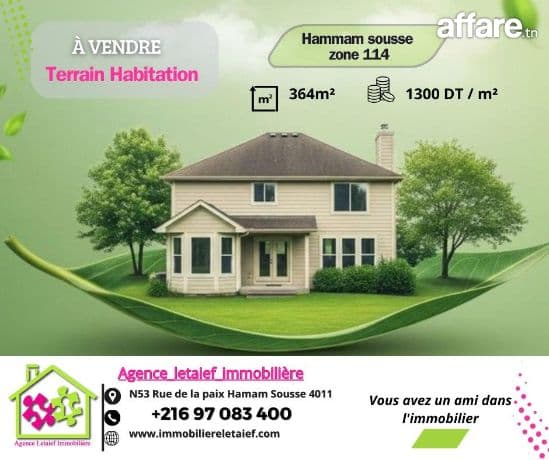 Terrain 364 m² a vendre hammam sousse zone 114