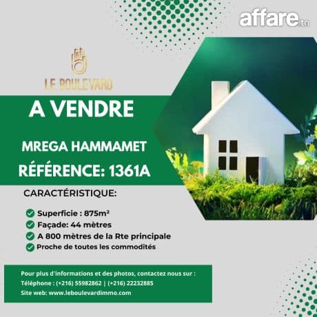 A vendre terrain 875m² à Cité Romain , Hammamet 