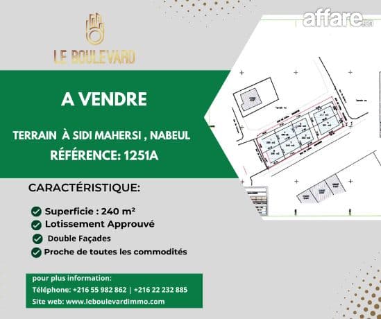 A vendre terrain 240m² à Sidi Mahersi , Nabeul 