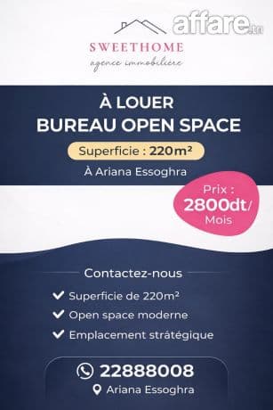 Bureau en open space à louer à Ariana Essoghra 