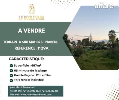 A Vendre Terrain 687m² à Sidi Mahersi, Nabeul 