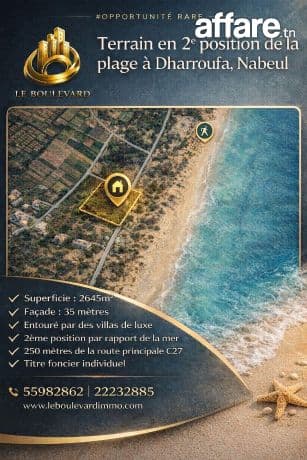 À Vendre Terrain en deuxième position de la plage à Dharoufa