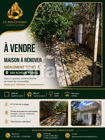 A vendre maison S+2 à rénové à Sidi Achour , Nabeul 