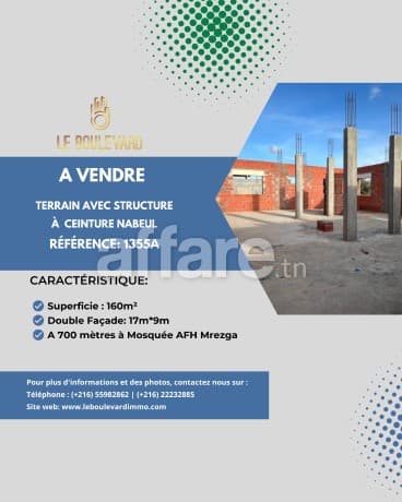 A vendre terrain avec structure à Ceinture à Nabeul 