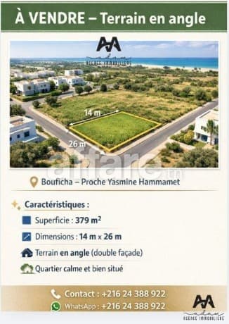 Terrain en angle de 379 m² à Bouficha, Yasmine Hammamet