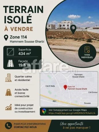 Terrain Isolé 434m² Zone 114 Hammam Sousse Ghrabi