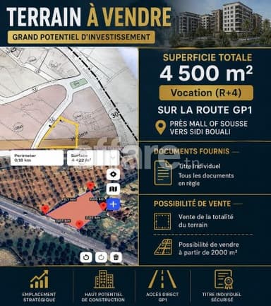 Terrain 4500m² Sur GP1 Prés Mall of Sousse Vers Sidi Bouali