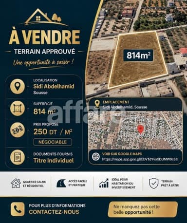 A VENDRE Terrain Approuvé 814m² Sidi Abedlahmid Sousse