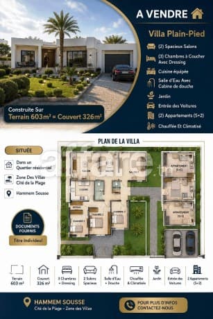 A VENDRE Villa + Deux Appartements S+2 Hammem Sousse