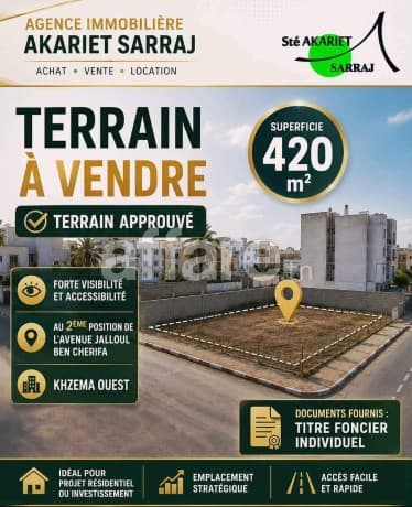 Terrain 420m² Au 2éme Position de Avenue Jalloul Ben Cherifa