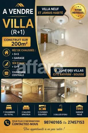 OFFRE Villa R+1 Neuf Et Jamais Habité Cité Rayhan Sousse