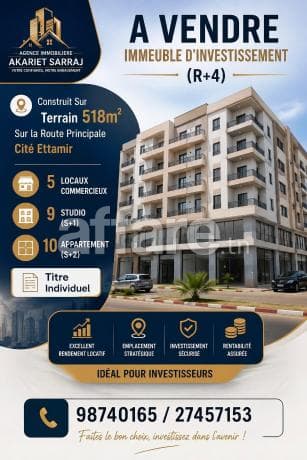 A VENDRE 5 Locaux Commerciaux + 4 étages Cité Ettamir Sousse