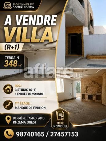 A VENDRE Villa R+1 derrière Hamadi Abid Khzema Ouest