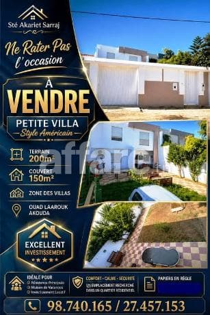 A VENDRE Petite Villa Style Américain Ouad Laarouk Akouda