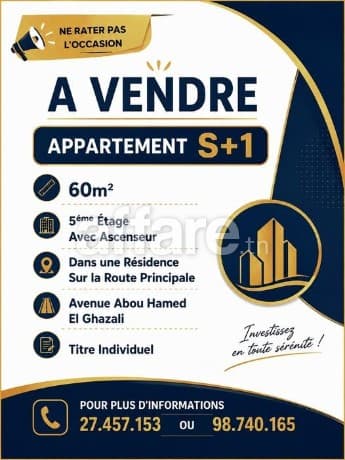 A VENDRE Appartement S+1 Avenue Abou Hamed El Ghazali