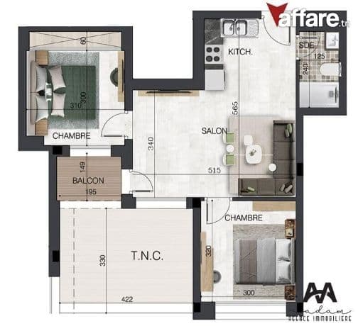 Appartement S+2 de 73 m² à Sidi Mahrsi – Nabeul