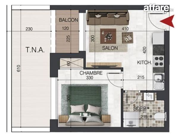 Appartement S+1 de 46 m² à Sidi Mahrsi – Nabeul