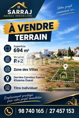Terrain 694m² derrière Carrefour Express Khzema Ouest