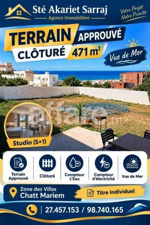 Occasion Terrain Clôturé 471m² + Studio S+1 Chatt Mariem