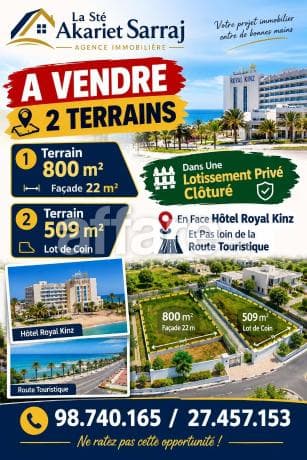 Deux Terrains 800m² 509m² En Face Hôtel Royal Kinz