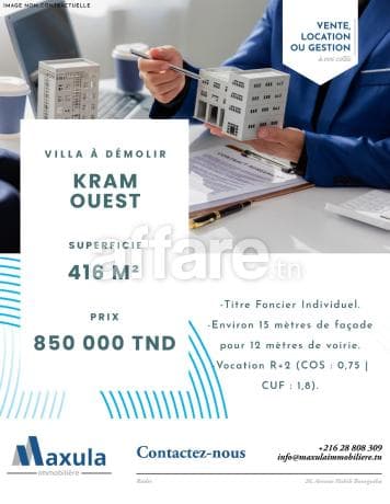 À VENDRE TERRAIN DE 416M² AVEC VILLA À DÉMOLIR À KRAM OUEST