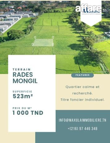 À VENDRE TERRAIN DE 523M² À RADES MONGIL