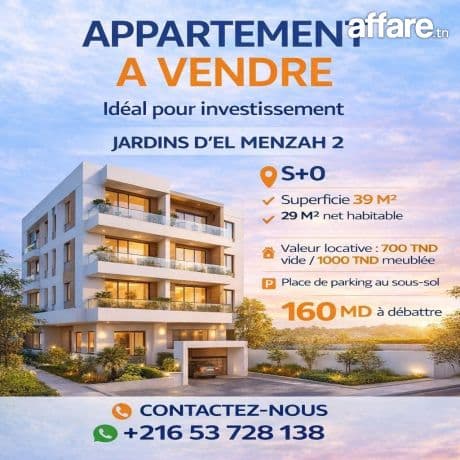 JARDINS D'EL MENZAH 2 :APPARTEMENT S+0 A VENDRE 