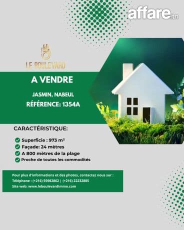 A vendre terrain 973m² à Jasmin , Nabeul 