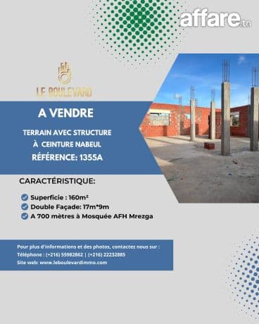 A vendre terrain avec structure à Ceinture Nabeul 