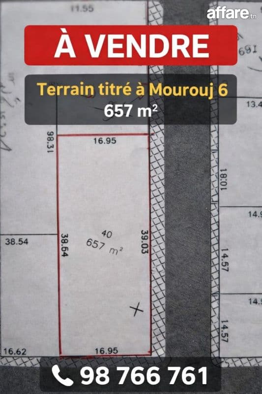 À vendre terrain titré de 657 m² à Mourouj 6 – Ben Arous
