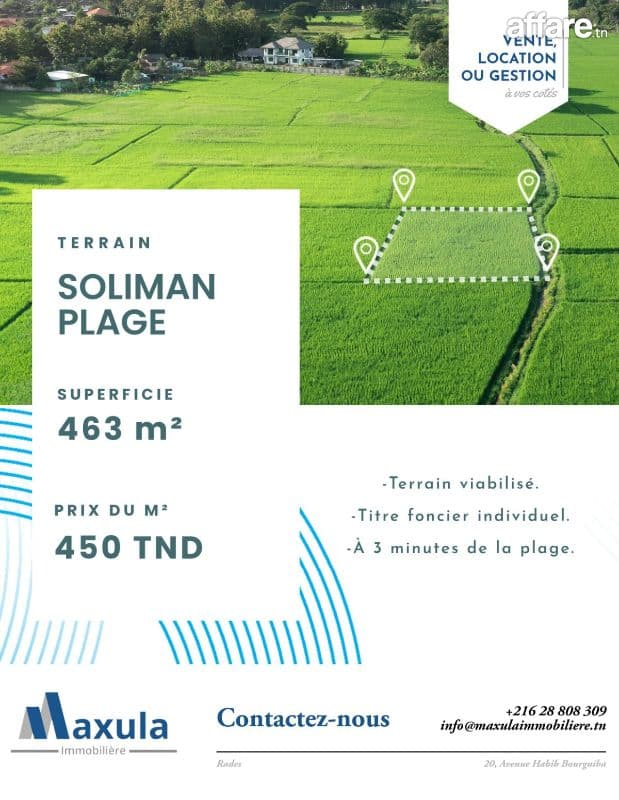 À VENDRE TERRAIN DE 463M² À 3 MINUTES DE LA PLAGE À SOLIMAN