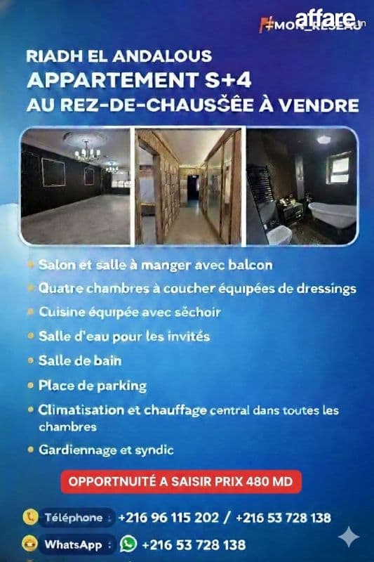 RIADH EL ANDALOUS : APPARTEMENT S+4 AU REZ-DE-CHAUSSÉE À VEN