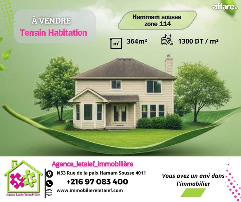 Terrain 364 m² a vendre hammam sousse zone 114