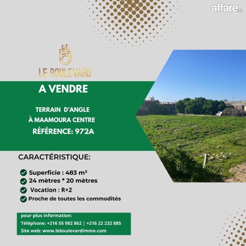 A vendre terrain 483m² Double façades à Maamoura 