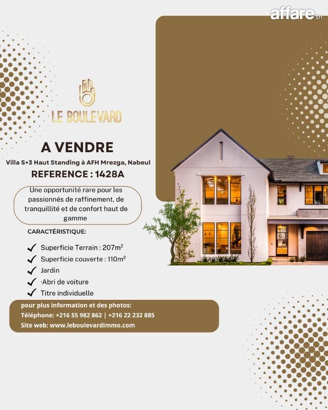 A Vendre Villa S+3 Haut Standing Avec Jardin à AFH Mrezga
