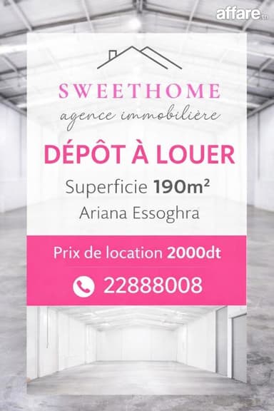 dépôt 190m² à louer à Ariana Essoghra 