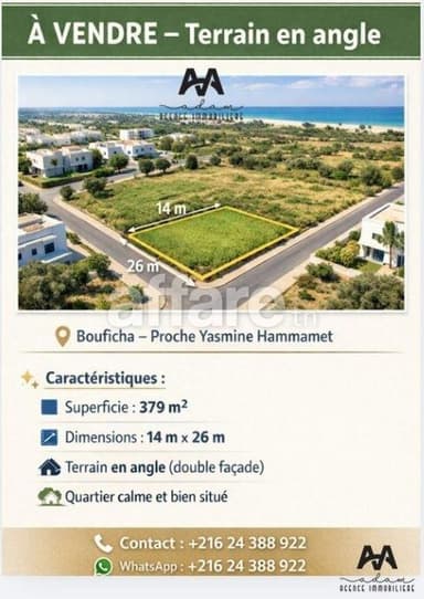 Terrain en angle de 379 m² à Bouficha, Yasmine Hammamet