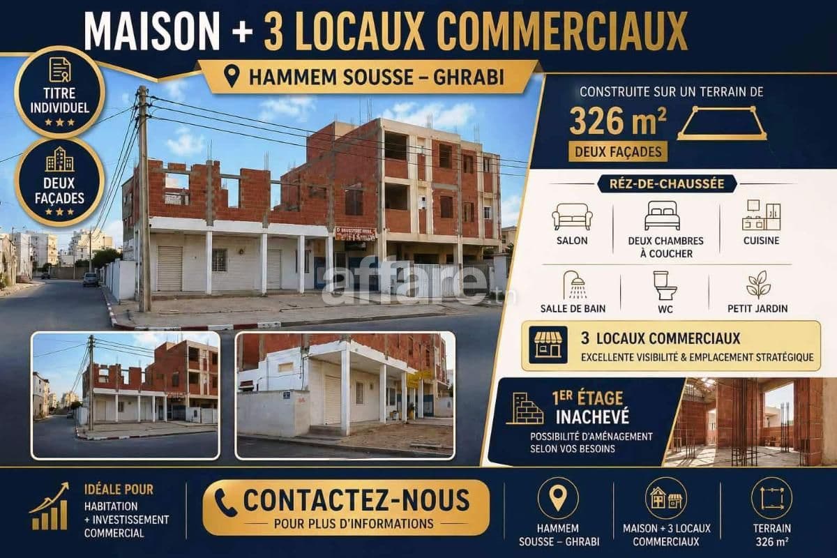Maison + 3 Locaux Commercieaux Hammem Sousse Ghrabi