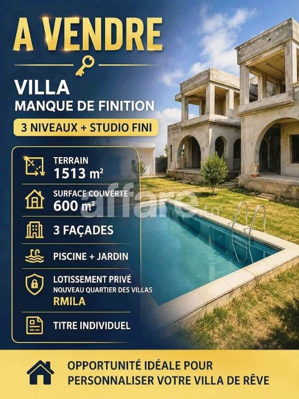 A VENDRE Villa Sur 3 Niveaux Manque de Finition Rmila