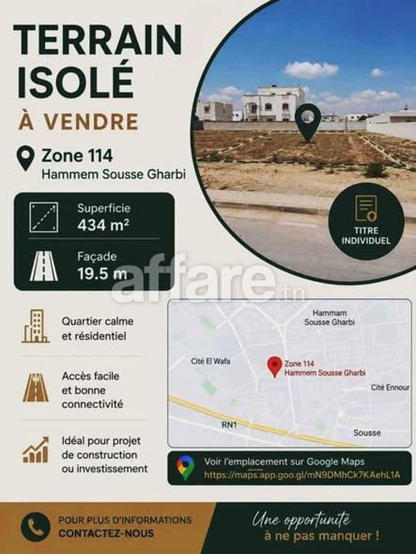 Terrain Isolé 434m² Zone 114 Hammam Sousse Ghrabi
