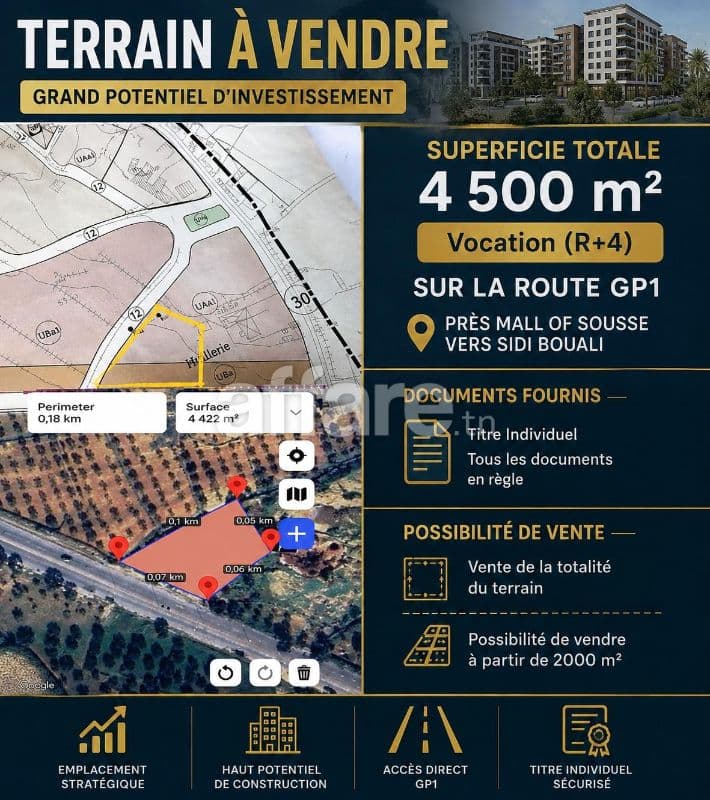 Terrain 4500m² Sur GP1 Prés Mall of Sousse Vers Sidi Bouali