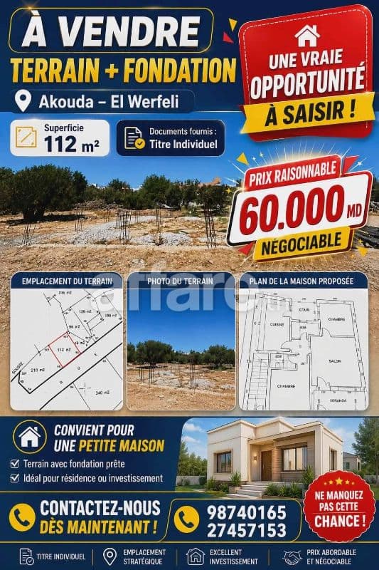 Offre Terrain 112m² + Fondation Akouda El Werfeli