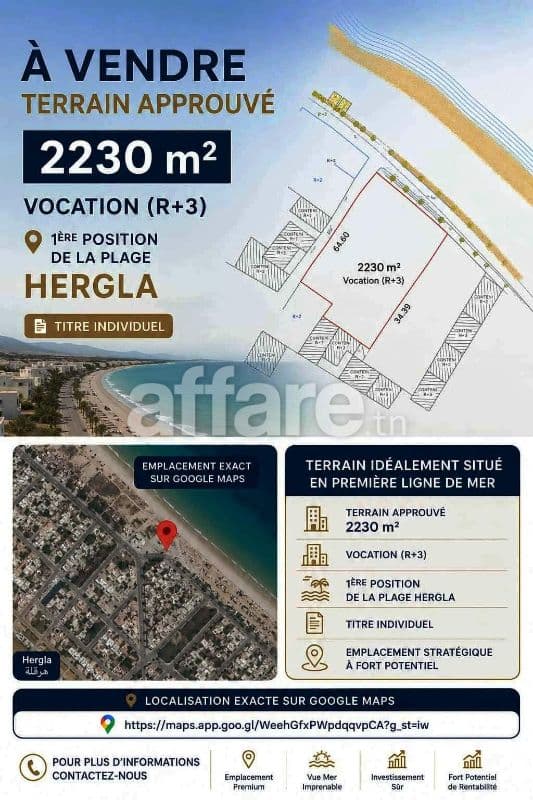Terrain Approuvé 2230m² En 1ér Position de la Plage Hergla