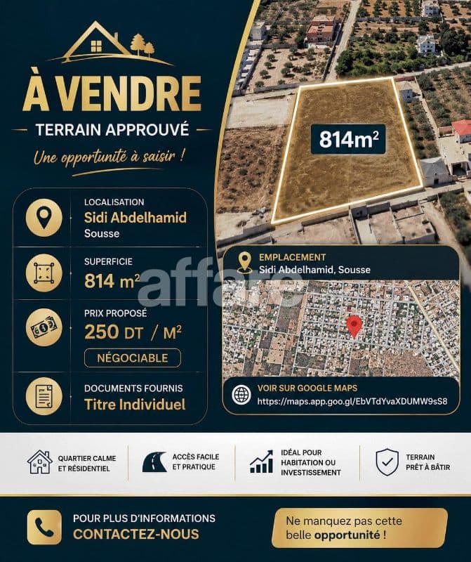 A VENDRE Terrain Approuvé 814m² Sidi Abedlahmid Sousse