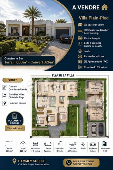 A VENDRE Villa + Deux Appartements S+2 Hammem Sousse