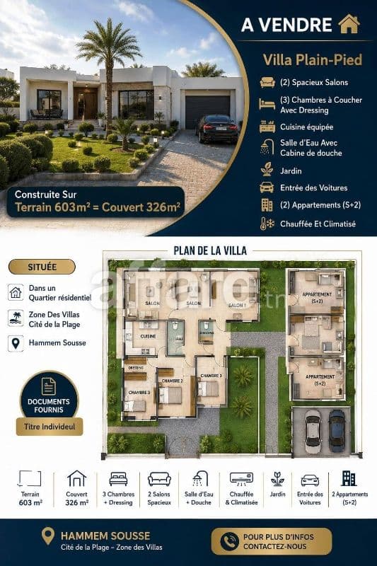 A VENDRE Villa + Deux Appartements S+2 Hammem Sousse