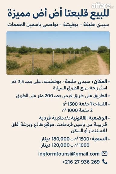 رصة استثمارية في سيدي خليفة – بوفيشة، 3.5 كم من الطريق السيا